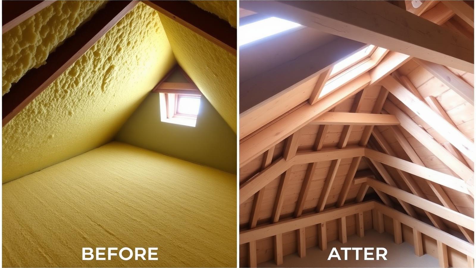 Before and after spray foam removal in a UK roof